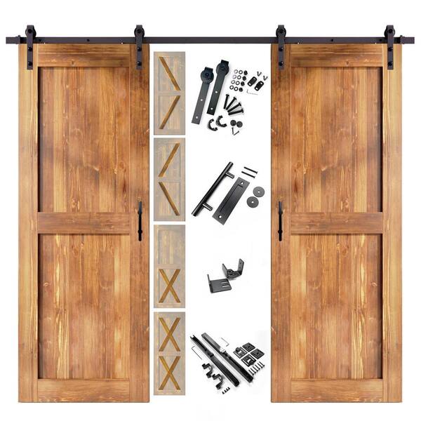 HOMACER 40 in. W. x 80 in. 5-in-1-Design Early American Double Pine Wood Interior Sliding Barn Door Hardware Kit, Non-Bypass