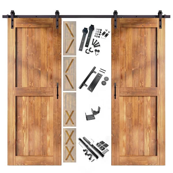 HOMACER 32 in. x 80 in. 5-in-1 Design Early American Double Pine Wood Interior Sliding Barn Door with Hardware Kit, Non-Bypass
