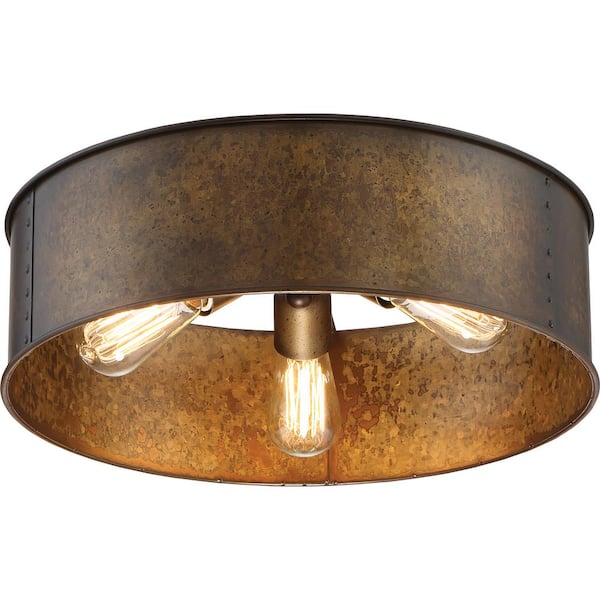 Kettle 16.88 in. 3-Light Weathered Brass Traditional Semi-Flush Mount with No Shade and 3 Incandescent Bulbs Included