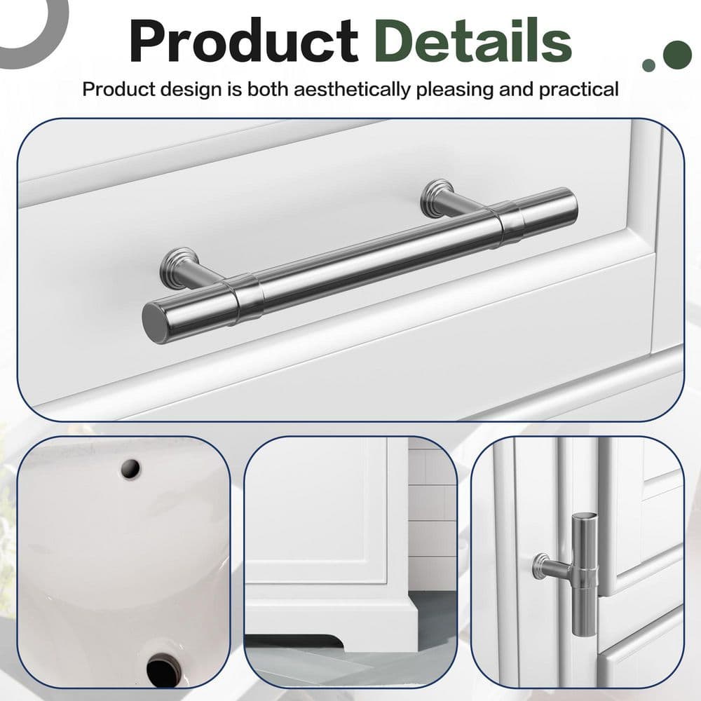 Close-up of brushed metal drawer handles on white vanity.