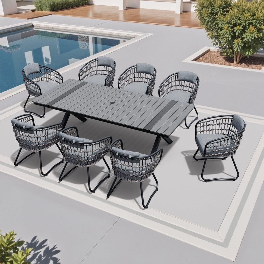 9-Piece Aluminum Outdoor Dining Set 94.33 in. L Dining Table with Umbrella Hole 8 Wicker Chairs with Cushions in Gray price history on PriceWatchPro