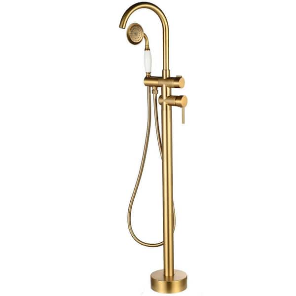 1-Handle Floor Mount Freestanding Tub Faucet Bathtub Filler with Hand Shower in Brushed Gold