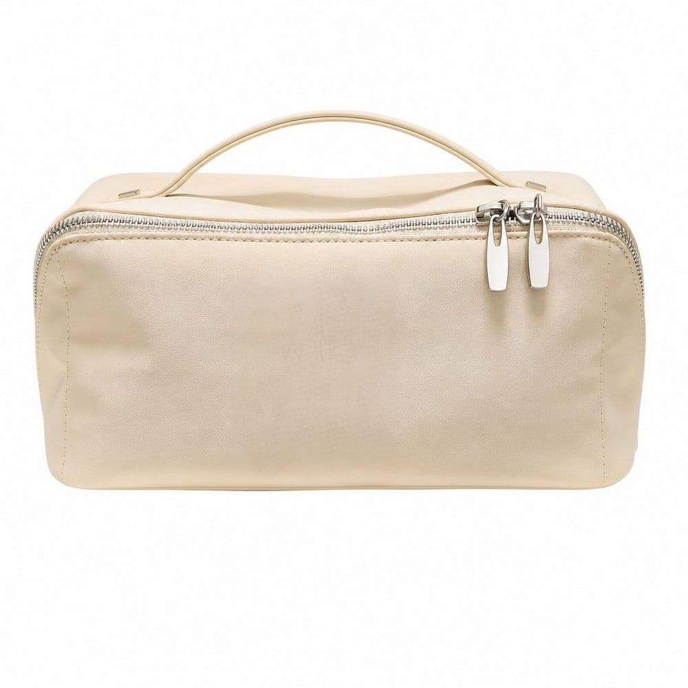 Travel Makeup Bag in BE-Beige, Large Capacity Cosmetic Bag, Waterproof PU Leather, Flat Open Portable Toiletry Bag