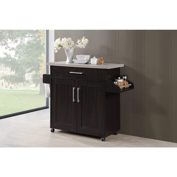 HODEDAH Chocolate-Grey Kitchen Island with Spice Rack and Towel