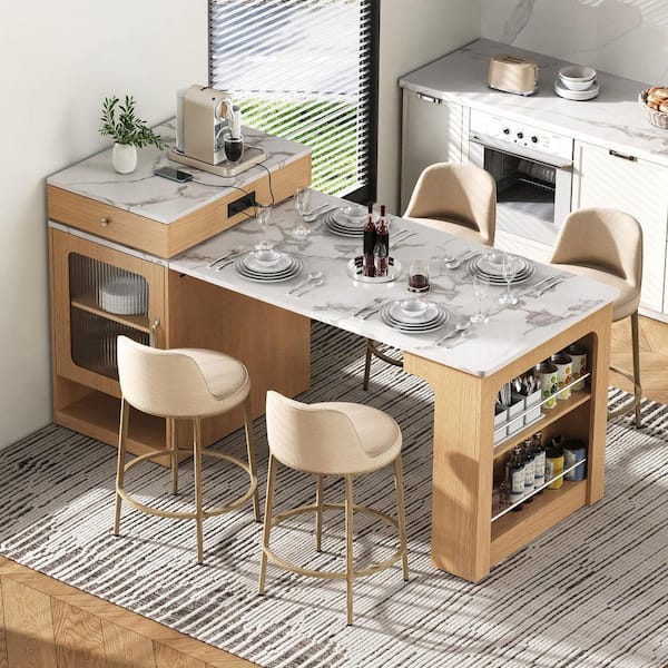 Dark Blue Solid Wood Top 52.7 in. W Rolling Mobile Kitchen Island with Drop Leaf Breakfast Bar, Spice Rack, Drawers