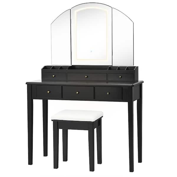 Costway Vanity Table Stool Set Black Jewelry Armoire Large Tri-folding Lighted Mirror 6 Drawer Dresser 58.5" x 40" x 16"