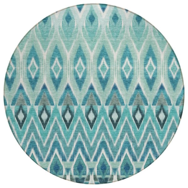 Teal Blue, Aqua, Mint Green 8 ft. Round Woven Oriental Polyester Round Indoor/Outdoor Area Rug