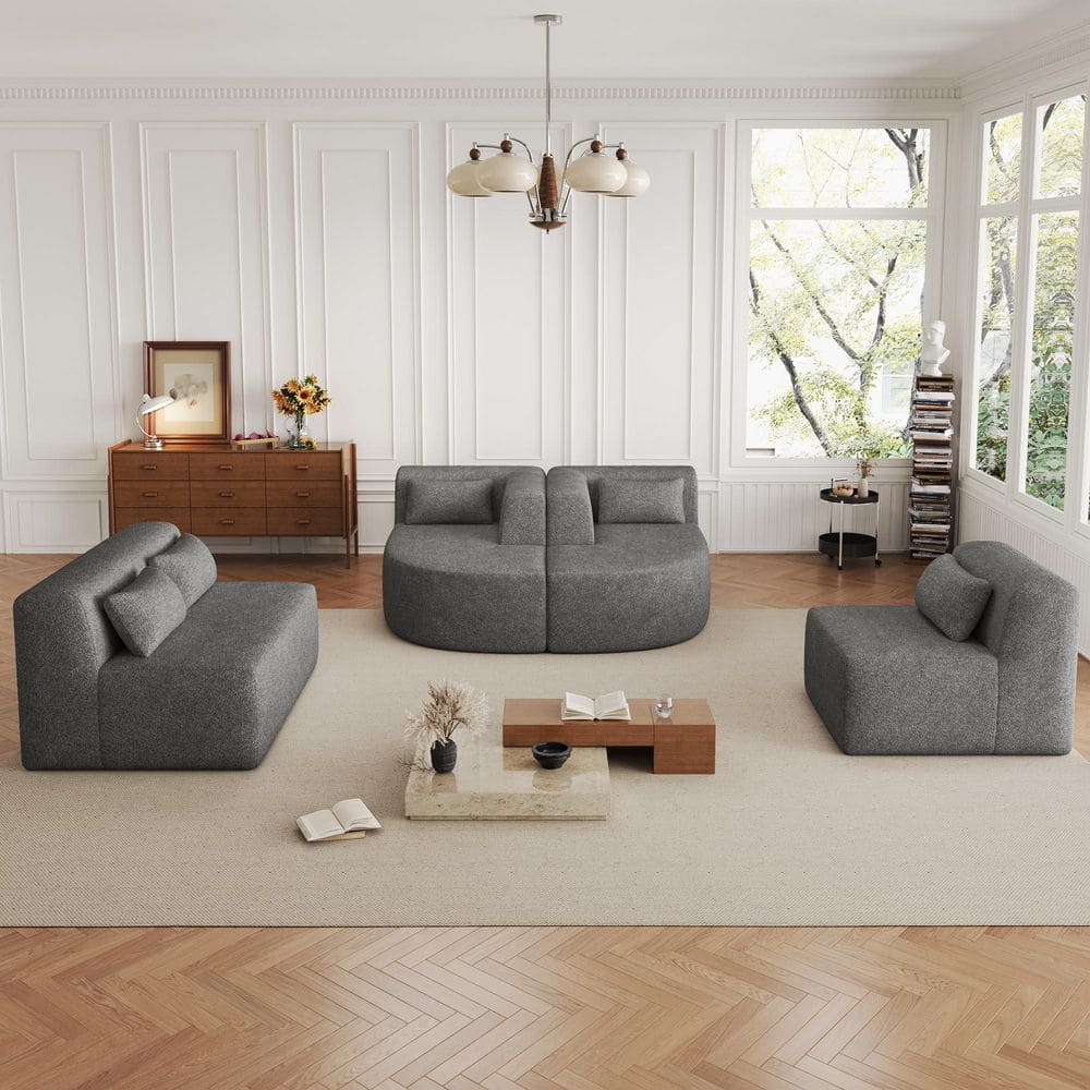 144 in. Upholstered Polyester Free-combined Sectional Sofa in Light Gray wi