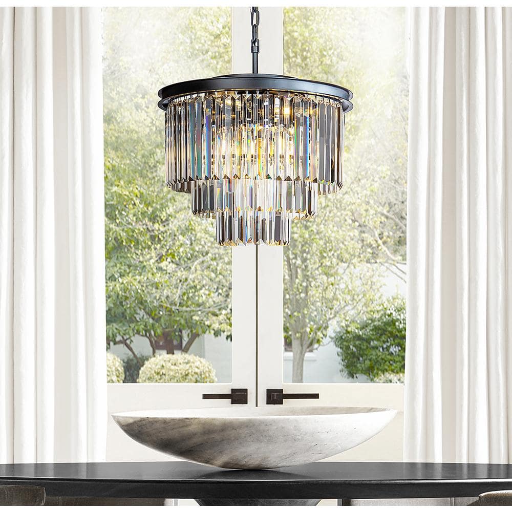 Matte Black 3-Tier Crystal Fringe Chandelier with 6 Lights