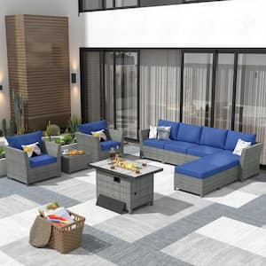 Denali Gray 10-Piece Wicker Outerdoor Patio Rectangular Fire Pit Set with Navy Blue Cushions