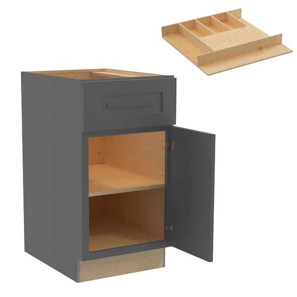 Home Decorators Collection Grayson 15 in. W x 24 in. D x 34.5 in. H Assembled Plywood Base Kitchen Cabinet in Deep Onyx with Cutlery Soft Close RH