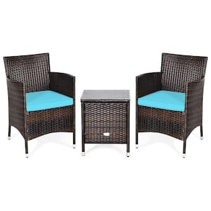 3-Piece Wicker Patio Conversation Set with Turquoise Cushions and Small Coffee Table