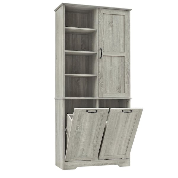 31 in. W x 14 in. D x 68 in. H Freestanding Gray Oak Linen Cabinet with Tilt-Out Laundry Hamper, Adjustable Shelf