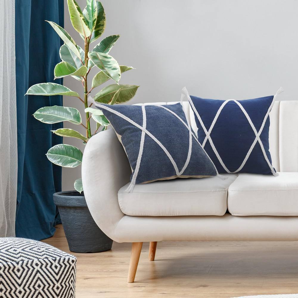 Coastal Square Navy and White Braided Tasseled Throw Pillow