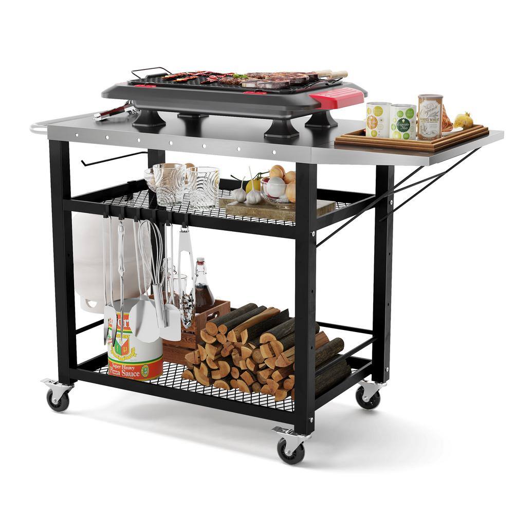 Black 3-Tier Stainless Steel Outdoor Grill Cart with Wheels