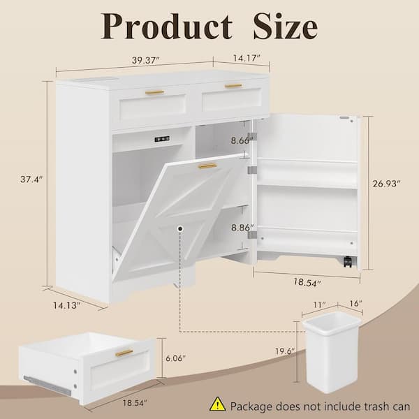 Smart Kitchen Trash Cabinet White MDF 39.37 in. Sideboard 13 Gallon Dog Proof with Ozone and Charging Station