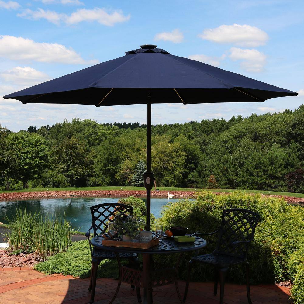 Navy Blue Aluminum Solar LED Patio Market Umbrella with Tilt, 9 ft