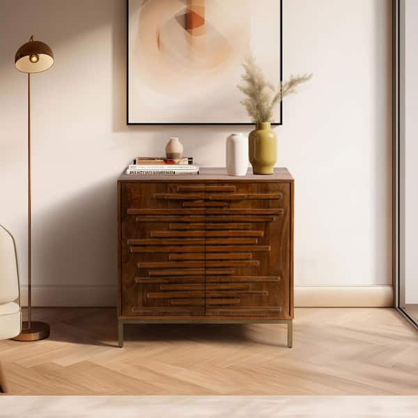 Brown Mango Wood 30 in. Midcentury Slat 2 Door Sideboard