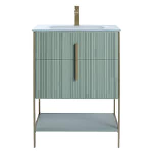 24 in. W x 18 in. D x 33.5 in. H Mint Green Bath Vanity with White Glass Single Hole Top Sink with Satin Brass Hardware