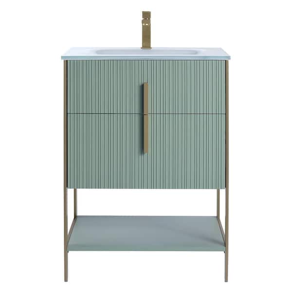 FINE FIXTURES 24 in. W x 18 in. D x 33.5 in. H Mint Green Bath Vanity with White Glass Single Hole Top Sink with Satin Brass Hardware
