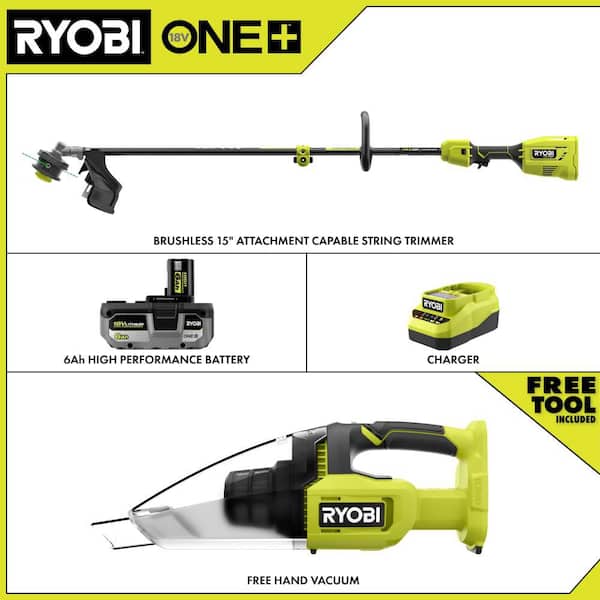 ONE+ HP 18V Brushless 15" Attachment Capable String Trimmer w/ 6.0 Ah Battery, Charger, & FREE ONE+ 18V Handheld Vacuum