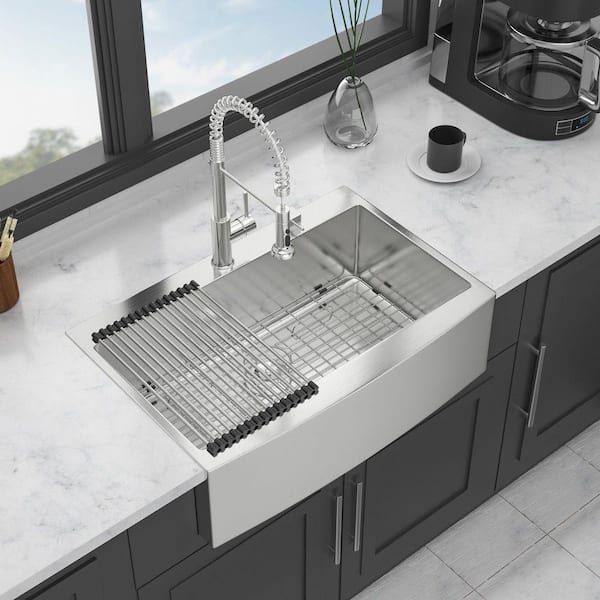33 in. Drop in Farmhouse Apron Front Single Bowl 16-Gauge Brushed Stainless Steel Kitchen Sink with Bottom Grids