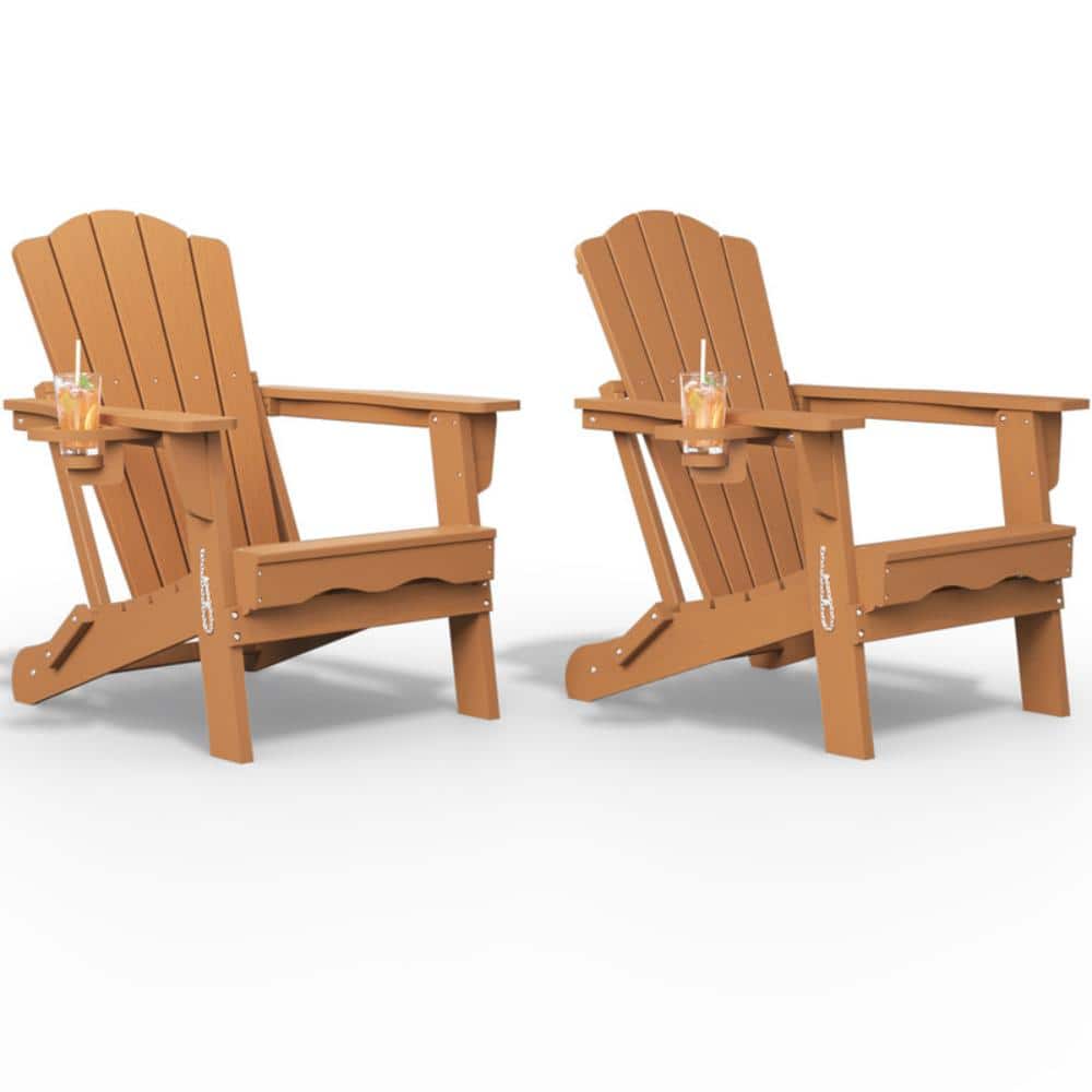 Thoeoe Teak HDPE Outdoor Folding Adirondack Chair with Cup Holder