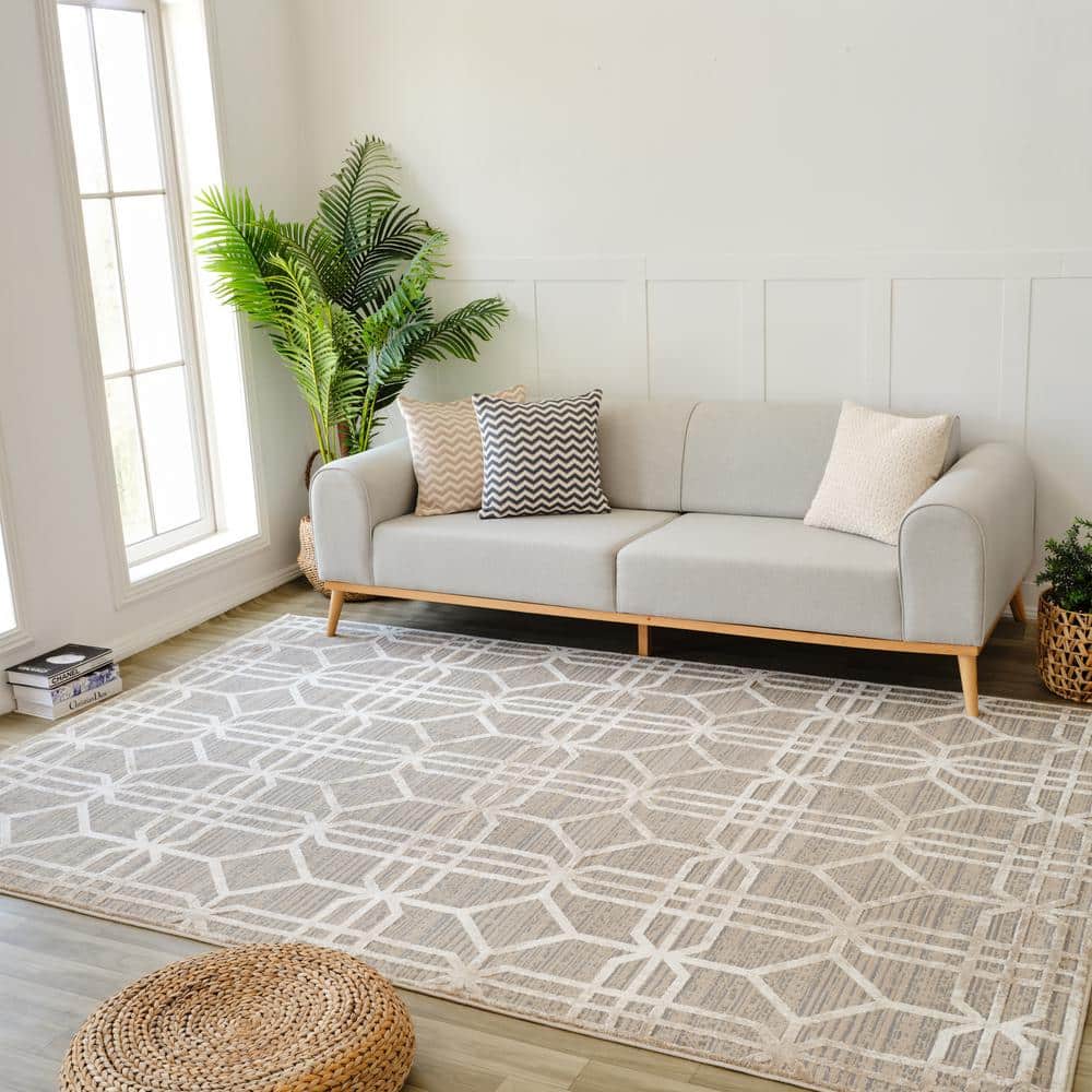 Beige and Brown Geometric Pattern Medium Pile Area Rug