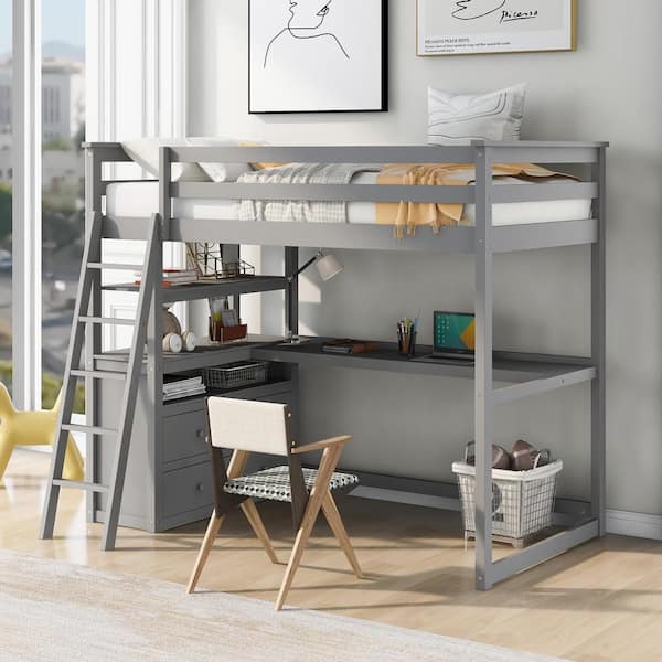 Twin Size Loft Bed with Desk and Shelves, Two Built-in Drawers - Gray