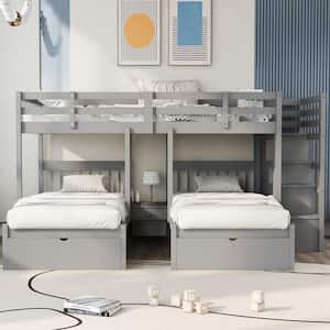 Gray Full Over Twin & Twin Triple Bunk Bed, Wood Triple Bed with Drawers and Staircase