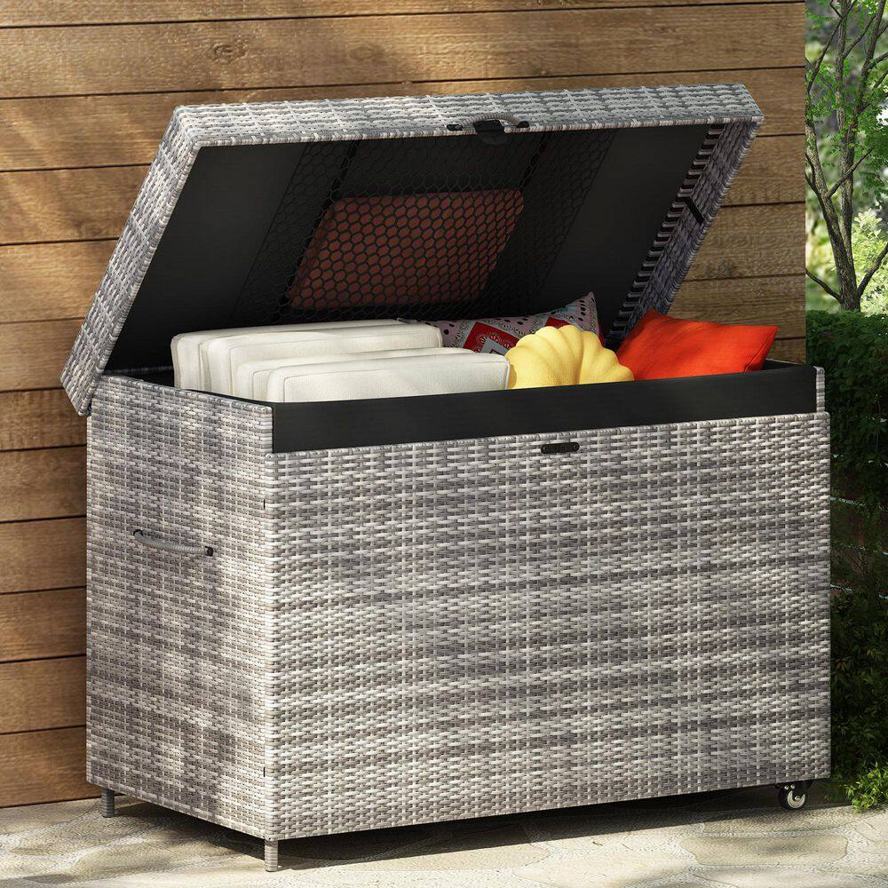 230 Gal. Grey Wicker Deck Box with Wheels, All-Weather Outdoor Storage Bin 