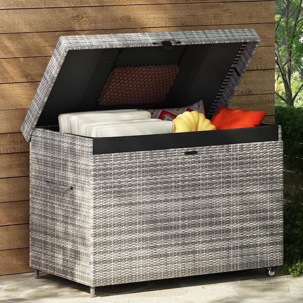 Unbranded 230 Gal. Grey Wicker Deck Box with Wheels, All-Weather Outdoor Storage Bin Storage Box for Patio Furniture, Cushions