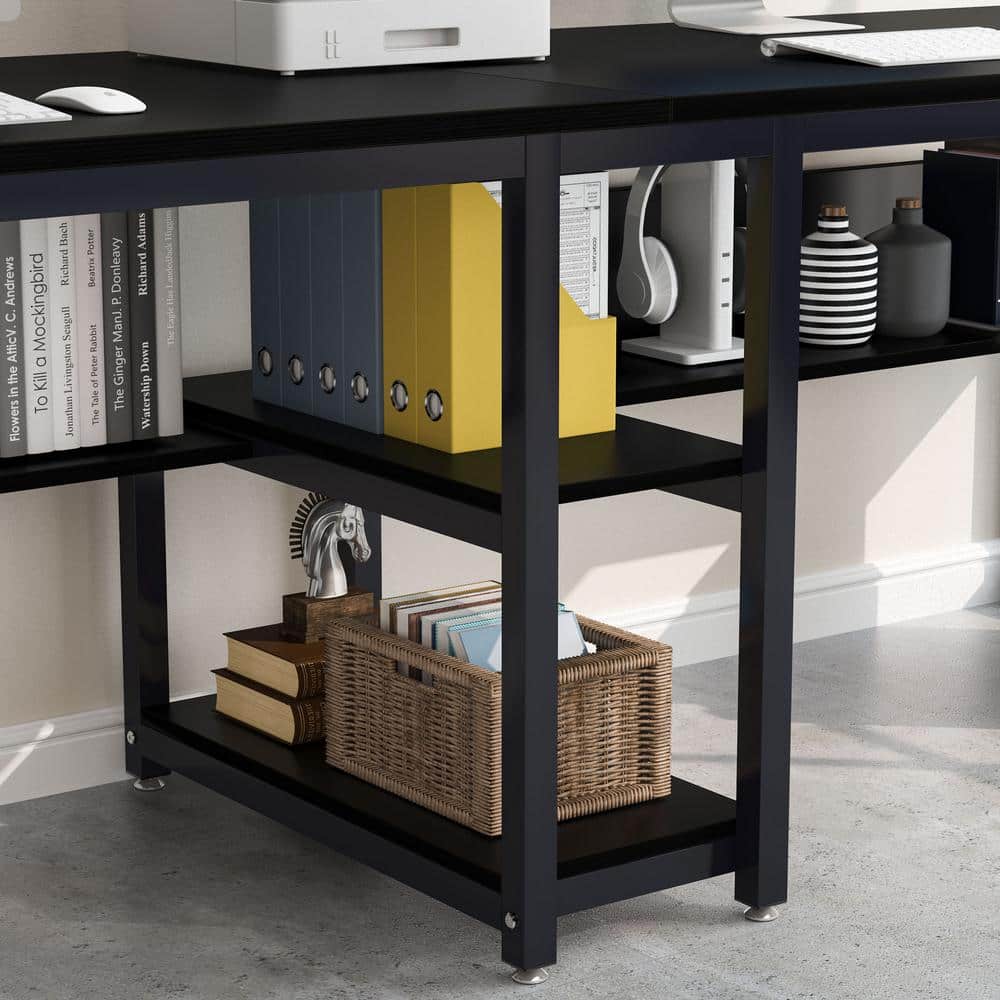 Black Double Workstation Desk with Shelves for Two