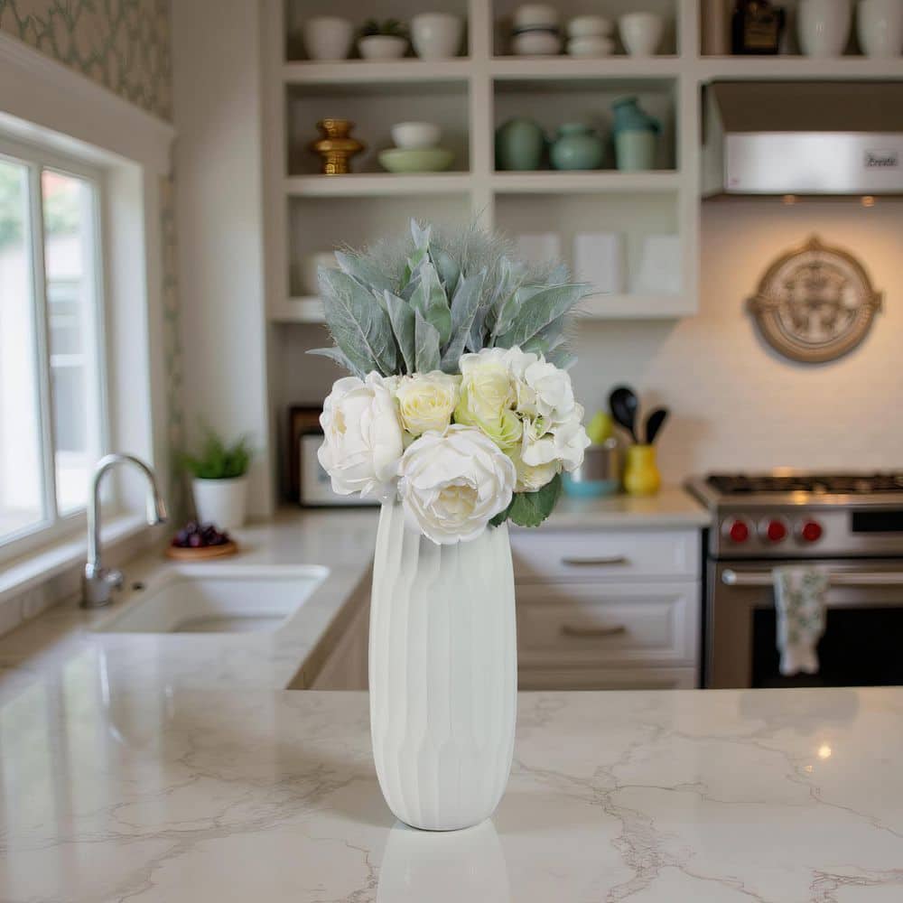 White Ceramic Indented Design Table Vase, 14"