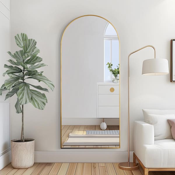 Dovelina 32 in. W x 71 in. H Modern Arched Framed Wall Mirror Bathroom Vanity Mirror in Gold