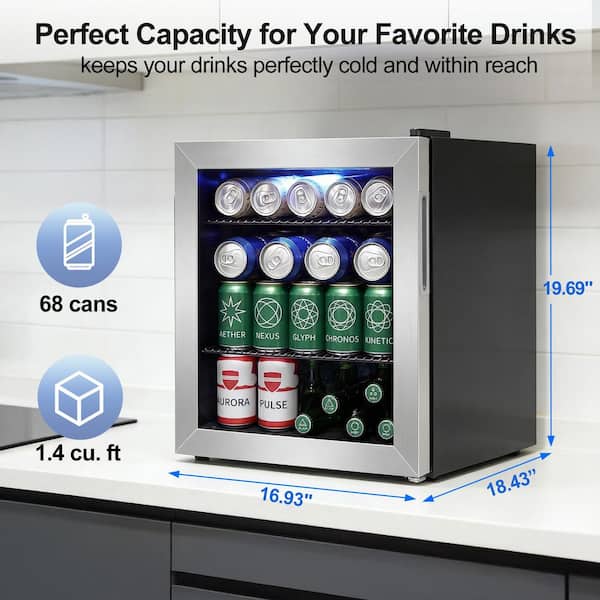 1.4 cu. ft. Mini Beverage Refrigerator, 45-Can Capacity, Countertop, Glass Door, Adjustable Shelf, Stainless Steel