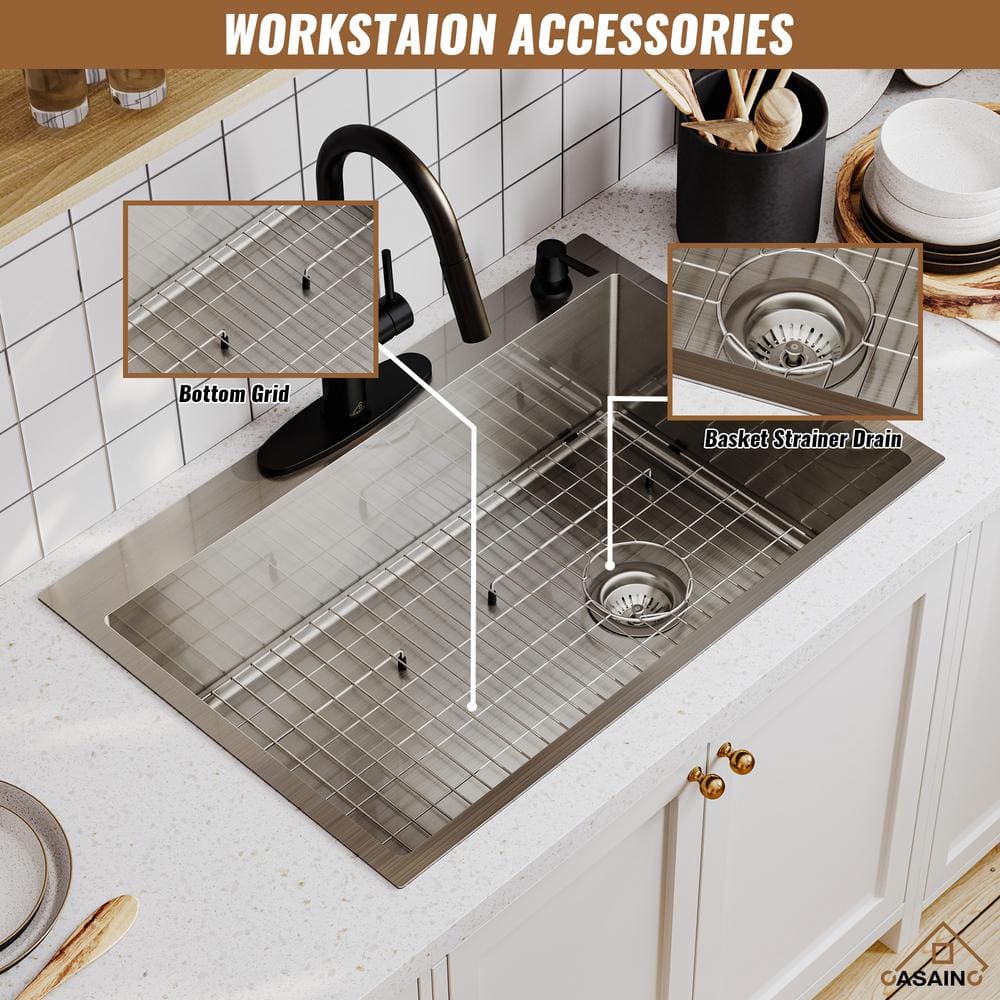 33" Brushed Stainless Steel Farmhouse Kitchen Sink with Grid
