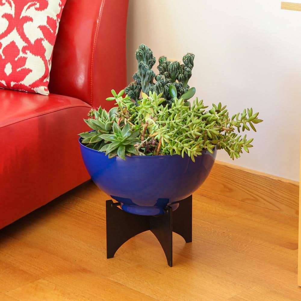 Norma 16'' French Blue Galvanized Steel Planter with Black Stand