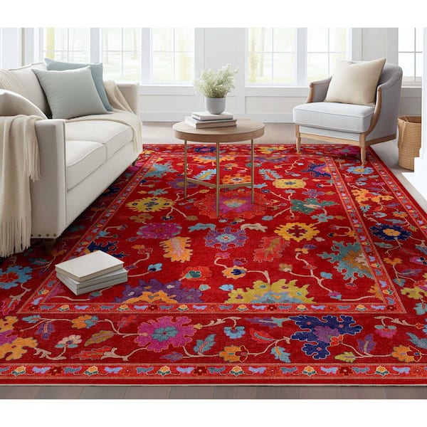 Ushak Bodrum Modern Vintage Floral, Red 9 ft. 10 in. x 13 ft. in. Area Rug