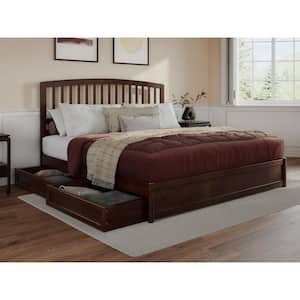 Lucia Walnut Brown Solid Wood Frame King Platform Bed with Panel Footboard and Storage Drawers