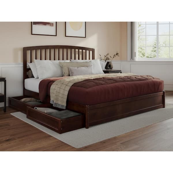 AFI Lucia Walnut Brown Solid Wood Frame King Platform Bed with Panel Footboard and Storage Drawers