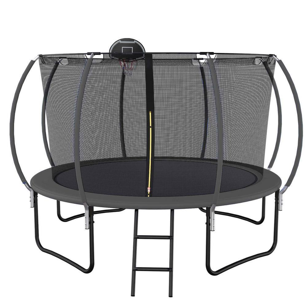 12 ft. Outdoor Large Trampoline with Pumpkin Safety Net, Basketball Hoop, E