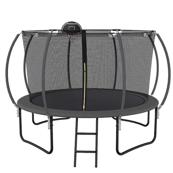 12 ft. Outdoor Large Trampoline with Pumpkin Safety Net Basketball Hoop Easy to Assemble Black LQ P1498 The Home Depot