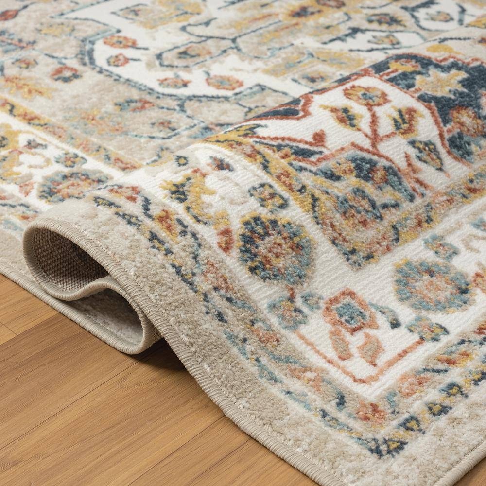 Arcady Ivory and Blue Synthetic Medallion Runner Rug