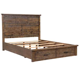 Rustic Brown Frame Pine Queen Platform Bed with 2 Drawers