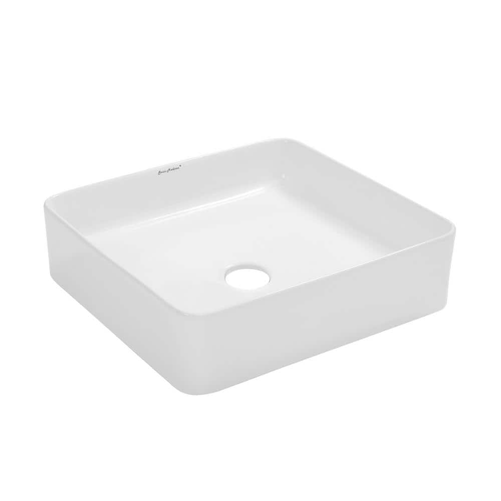 White Ceramic Square Above-Counter Vessel Sink, 15.74"