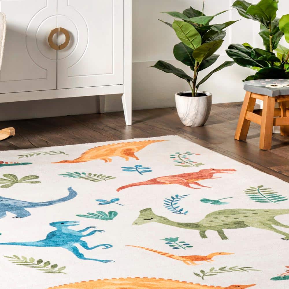 Eamon Dinosaur Graphic Multicolor Synthetic Kids Washable Area Rug