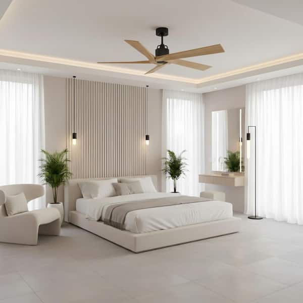 Fan Aspen 56 in. Midnight Black Downrod Mount Standard Ceiling Fan with Natural Honey Blades and Remote