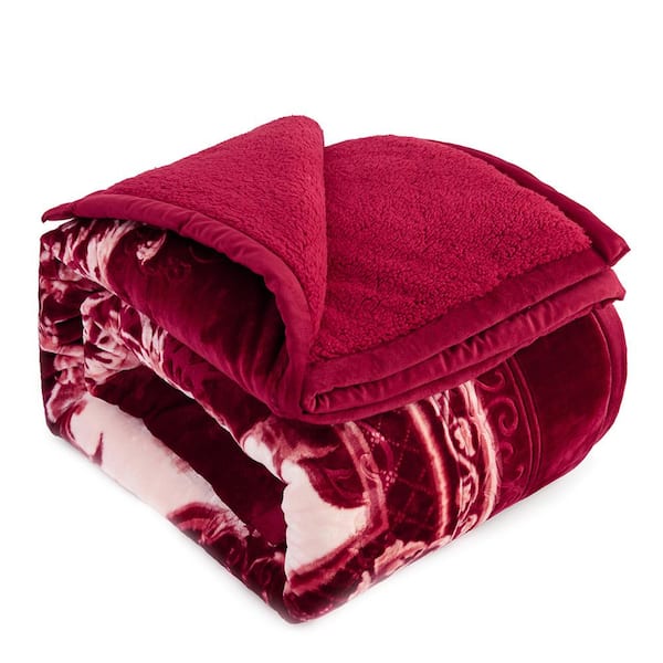JML 3-Pieces Burgundy Floral Sherpa Fleece Blanket Set 79 in. x 91