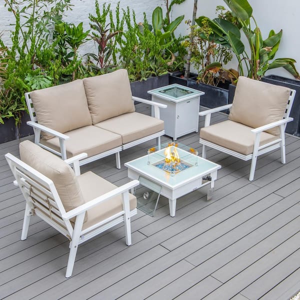 Leisuremod Walbrooke White 5-Piece Aluminum Square Patio Fire Pit Set with Beige Cushions and Tank Holder